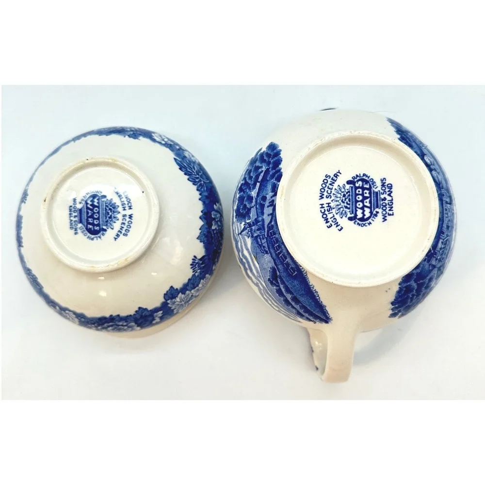 Vintage Enoch Wood's English Scenery Creamer Sugar Set Wood & Sons Blue White